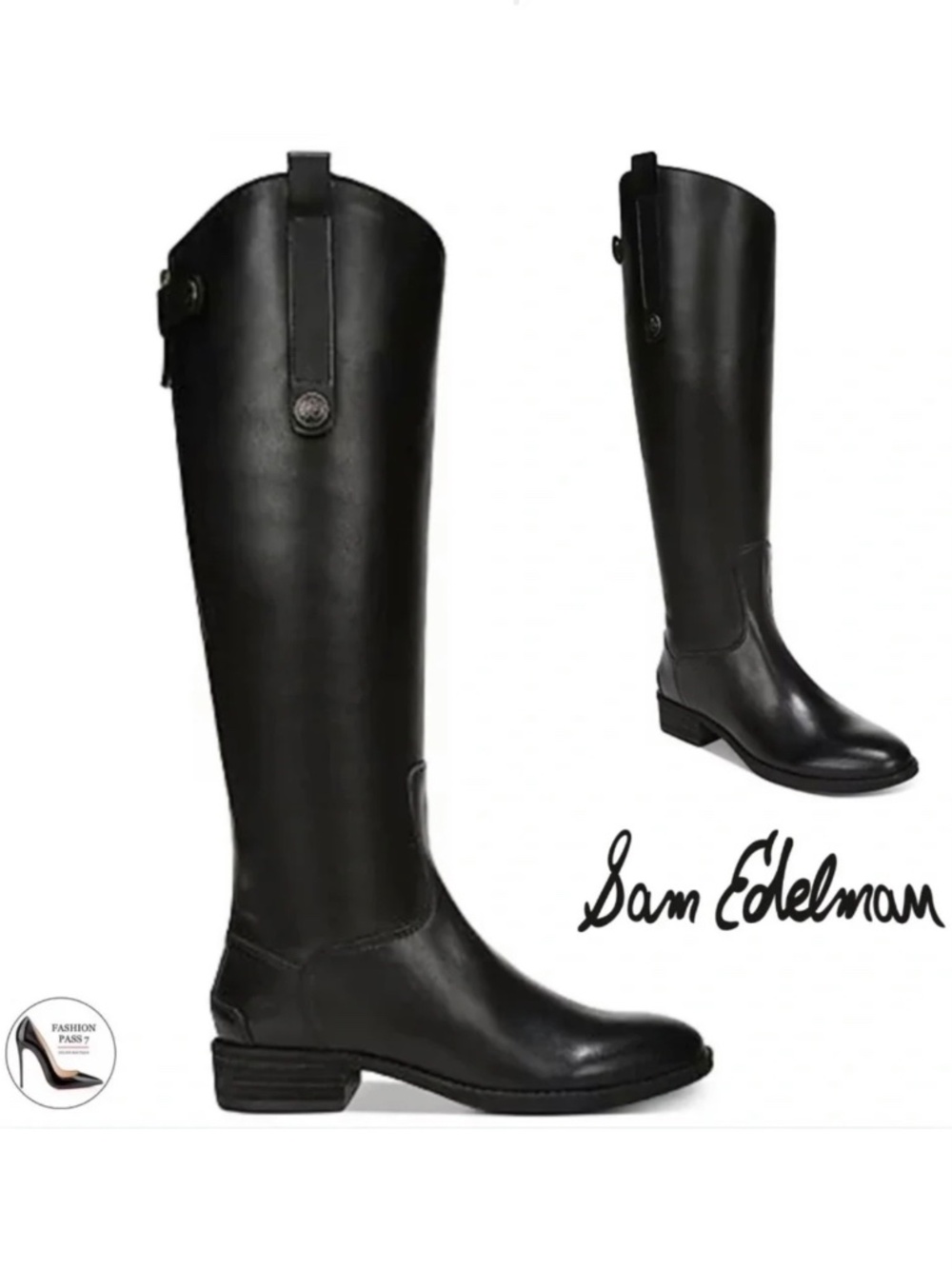 Sam Edelman Penny Knee-High Black Leather Riding Boots Block Heel Almond Toe